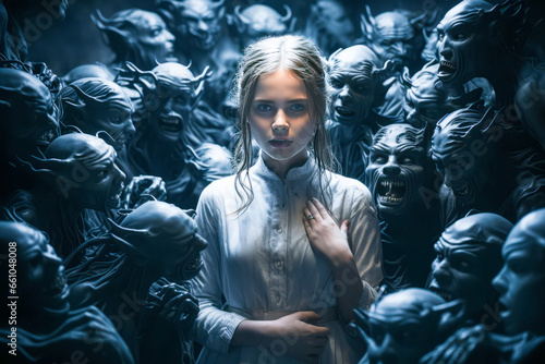 Haunting depiction of a young girl tormented by dark nightmares and phantoms, encapsulating innocence and fear.