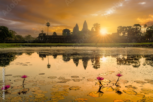 Landscape with Angkor Wat temple at sunrise in Angkor Thom, Siem Reap, Cambodia