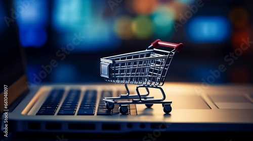 Online Shopping Concept with Miniature Cart on Laptop Keyboard