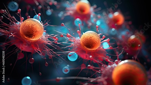 Microscopic macroscopic close view of cells attacked by virus and bacteria science and medical microbiology render illustration imagery