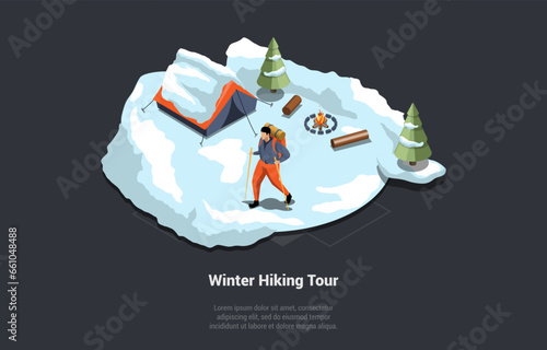 Adventures, Hiking Tour And Exploring. Character With Walking Sticks In Snowy Mountains Near Tent And Bonfire. Active People Mountaineering, Trekking In Winter Time. Isometric 3d Vector Illustration