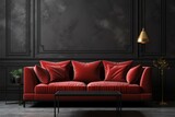 Classic elegance Black wall, red sofa, marble table, free space