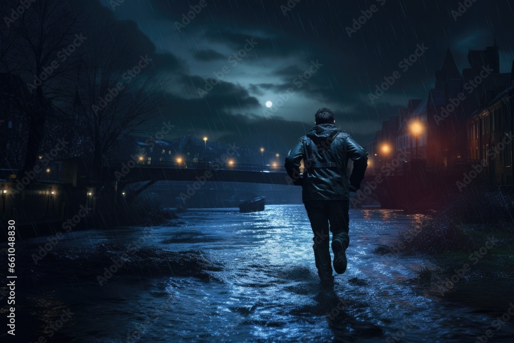Obraz premium Man Walking in Rainy Night