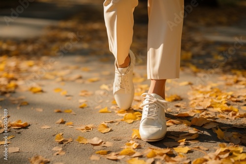 Close up Womans stylish legs strolling in autumn park wearing trendy shoes