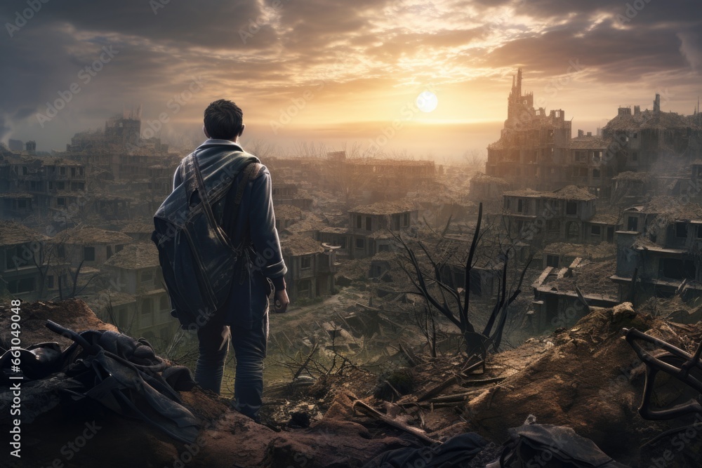 Man Standing on Hill Overlooking City Man Standing on Hill Overlooking City