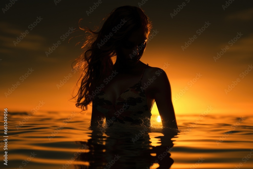Woman Standing in Water at Sunset