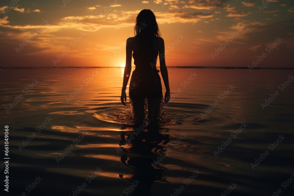 Woman Standing in Water at Sunset