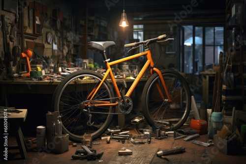 Bicycle Parked in Workshop with Tools © Ева Поликарпова