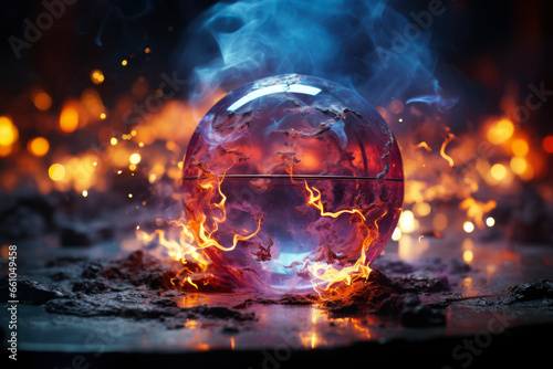 Magic crystal ball for fortune telling with flame and smoke on a dark background
