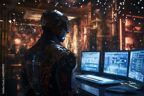 A Hacker in a Digital Suit Controlling Data