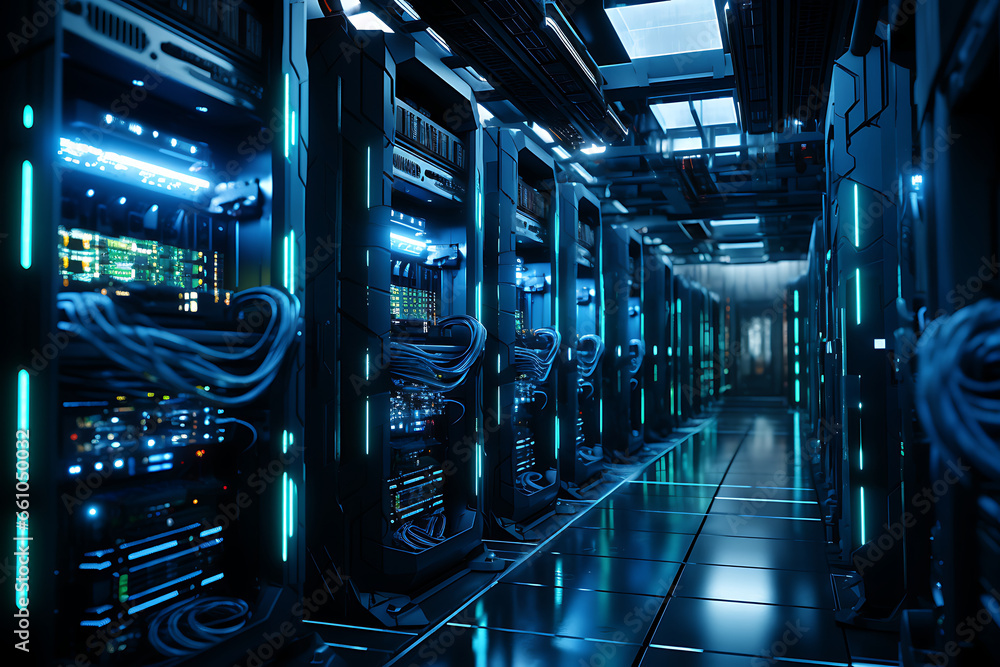 A hacker's hideout with stacks of stolen data.