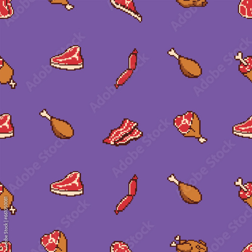pixel art set of beef pork chicken and steak seamless pattern
