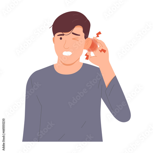 Man suffering from ear pain, earache puts his hand on his ear. An infection occurs in the ear canal. Hand drawn vector character illustration. Isolated on white background.