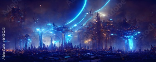 Cobalt Blue Majestic Giant Forest Futuristic city with biomechanic star gates in the skies with large landing pad with glowing blue emergency lights dramatic concept art super detailed depth of 