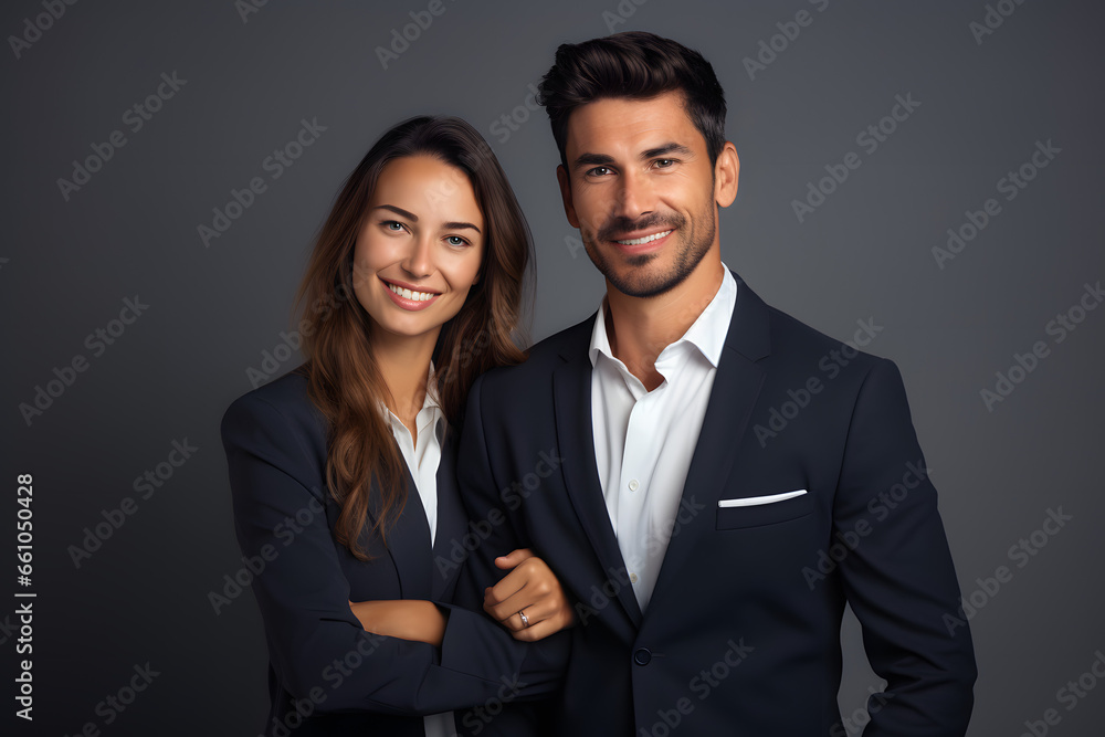 Confident professionals smile standing next to each other Confident professionals smile standing next to each other