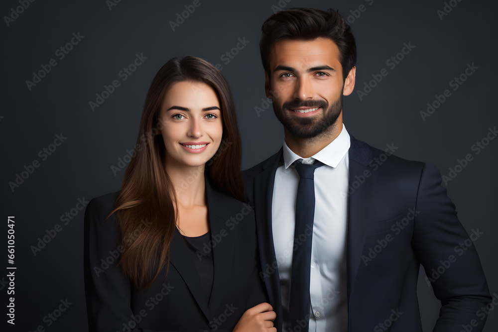 Professional man and woman stand side by side in formal wear Professional man and woman stand side by side in formal wear