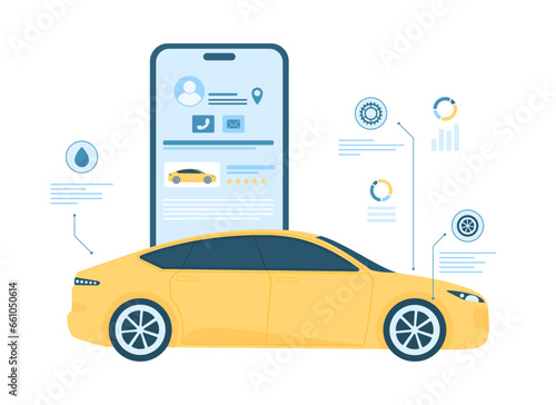 Buying and selling new or used car online via mobile phone app vector illustration. Cartoon isolated vehicle with automotive information infographic diagram, web platform to buy automobile on screen