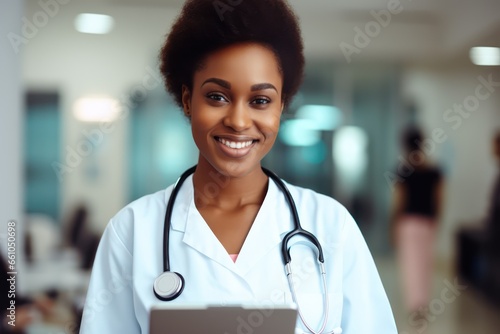 Doctor smiling, Afro American woman with medical stethoscope and coat, blur hospital background