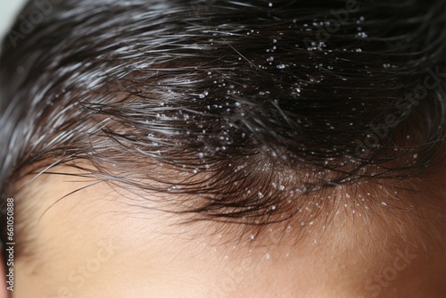 Detailed shot of dandruff on a mans close cropped hair photo