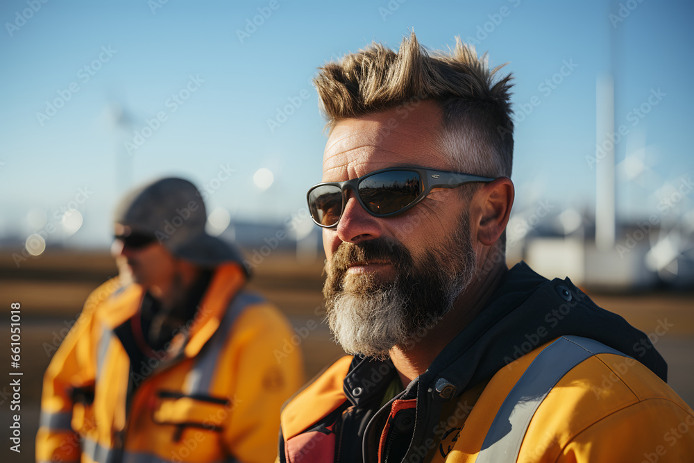 Portrait of a bearded man in sunglasses on the background of wind turbines. ia generated