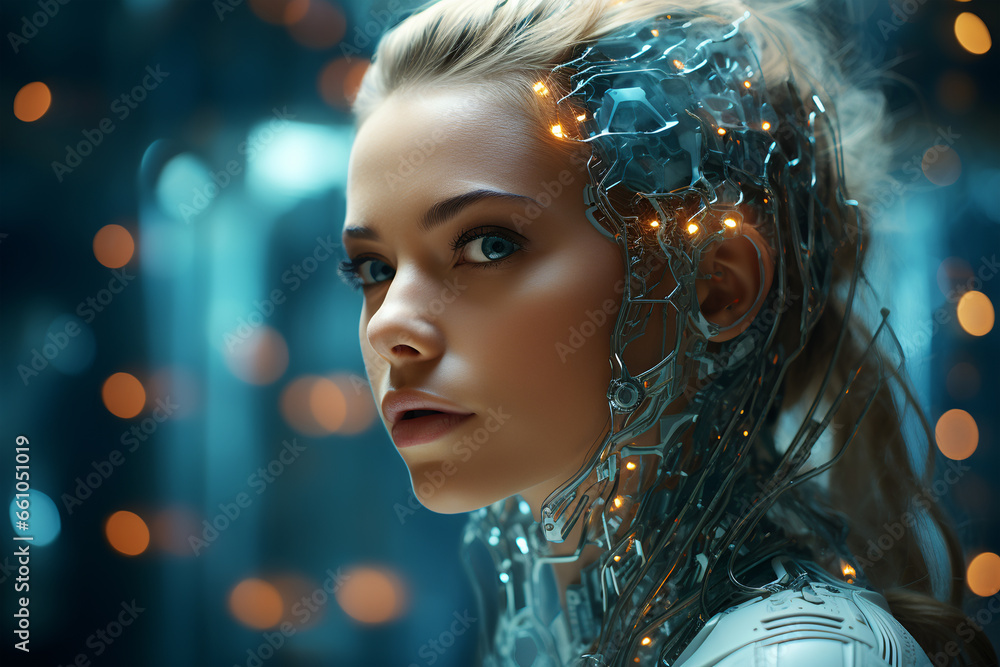 3d rendering of a female cyborg with lights in her head. ia generated