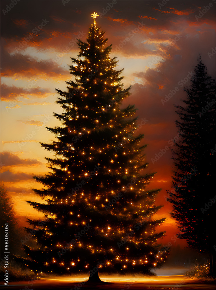 Christmas tree sunset oil painting sepia. Christmas tree sunset oil painting sepia.