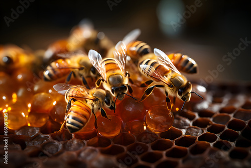 Close up view of the working bees on honeycells. Beekeeping concept. ia generated