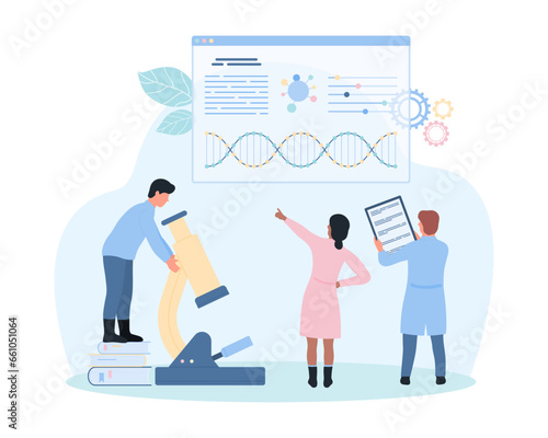 DNA research by scientists in laboratory vector illustration. Cartoon tiny people study digital infographic charts and microscope report, gene and DNA analysis in medicine and genetics, biotechnology