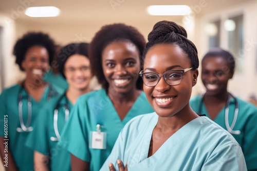 Medical team, group of female doctors surgeons smiling in hospital background