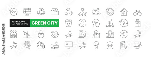 Set of 36 Green City line icons set. Green City outline icons with editable stroke collection. Includes CO2 neutral, Electric Bike, Green Energy, Windmill, Electric Car and More.