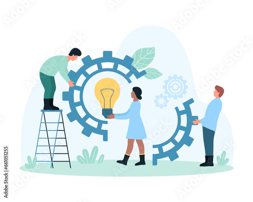 Innovation process, cooperation and construction of digital projects vector illustration. Cartoon tiny people holding light bulb and part of cogwheel to connect and put inside gear, work with cogs