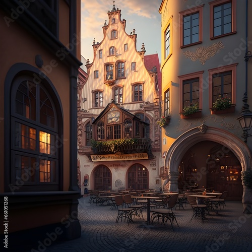 a cafe in a 16th century bavarian town Located in the town center 13thcentury cathedral at the background on a plaza adjacent to Baroque buildings 8k cinematic view dramatic lighting 
