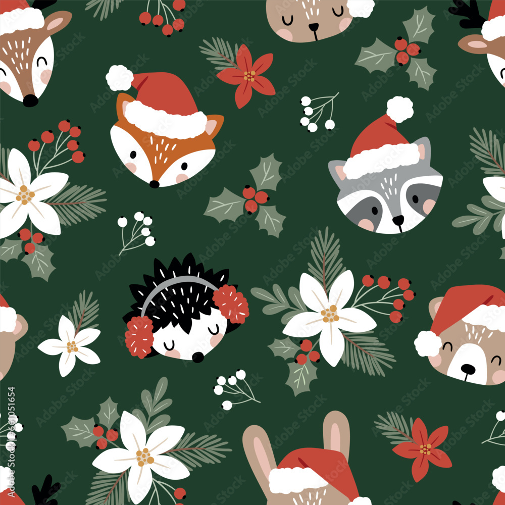 Seamless vector pattern with cute Christmas woodland animal faces and winter flora. Snowy winter woodland with animals. Hand drawn illustration artwork. Perfect for textile, wallpaper or print design.