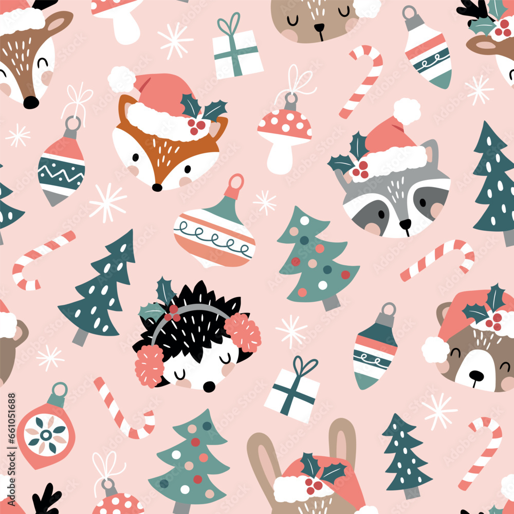 Fototapeta premium Seamless vector pattern with cute woodland animal faces and Christmas ornaments. Winter woodland with animals. Hand drawn illustration artwork. Perfect for textile, wallpaper or print design.