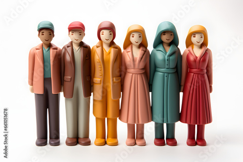 Figures of people made of plasticine on white background.