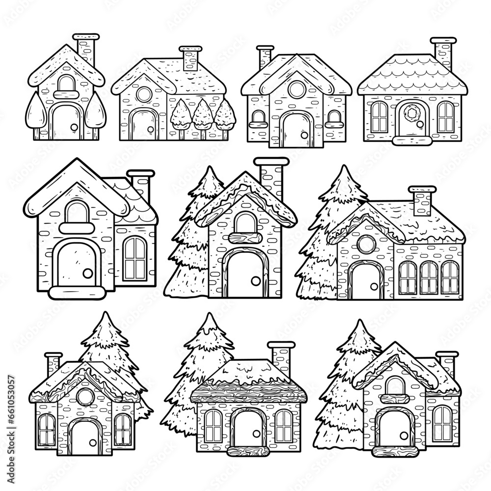 Set of winter house with a hand-drawn outline sketch illustration