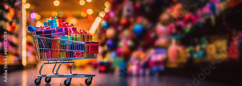 Shopping cart full of gift boxes with ribbons and bows on a colorful background. Birthday,New year and Christmas shopping concept. bright blurred background with copy space photo