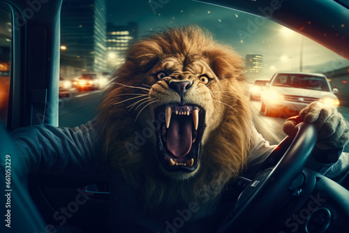 Lion as angry and aggressive man driving car in evening city. Road rage concept. Portrait close-up. photo