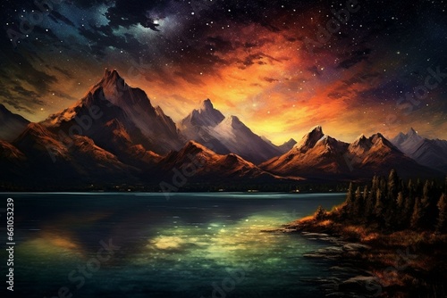 A scenic landscape featuring a mountain range, a serene lake, and a mesmerizing starry night sky. Generative AI