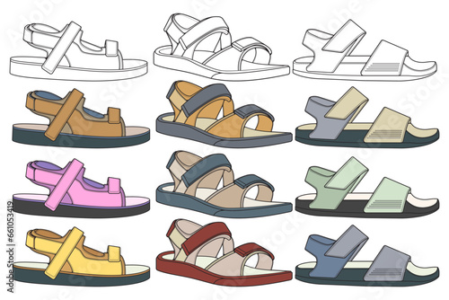 Strap sandals coloring drawing vector, strap sandals drawn in a sketch style, bundling strap sandals template full color, vector Illustration.

