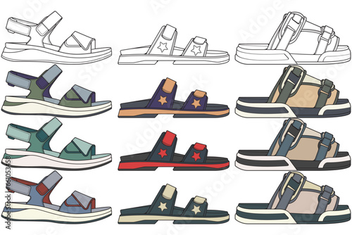 Strap sandals coloring drawing vector, strap sandals drawn in a sketch style, bundling strap sandals template full color, vector Illustration.
