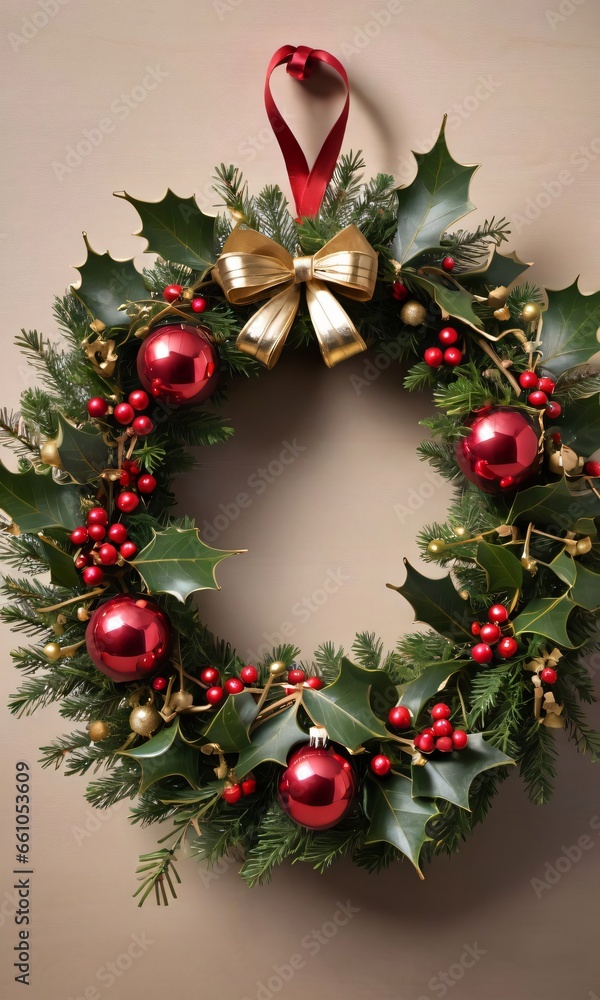 Photo Of Christmas Wreath Intertwined With Jingle Bells And Mistletoe Photo Of Christmas Wreath Intertwined With Jingle Bells And Mistletoe