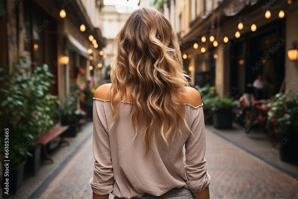 Close-up rear view of a blonde woman with a shiny wavy long hairstyle against a street background. Close-up rear view of a blonde woman with a shiny wavy long hairstyle against a street background.