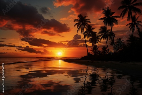 Illustrated coconut palm silhouette against a dramatic tropical beach sunset © abdulmoizjaangda
