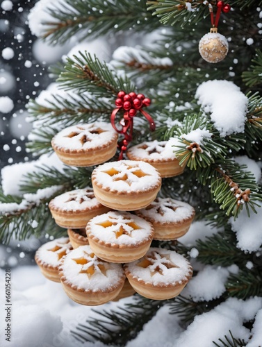 Photo Of Christmas Snow-Covered Pine Tree With Hanging Mince Pies