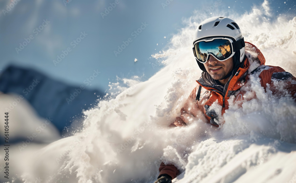 Man skiing or snowboarding covered in snow, young man on a ski slope on sunny day, with goggles and helmet, active winter fun sport. Header, banner for ski resort, rental, luxury lodge. Generative AI. - obrazy, fototapety, plakaty 