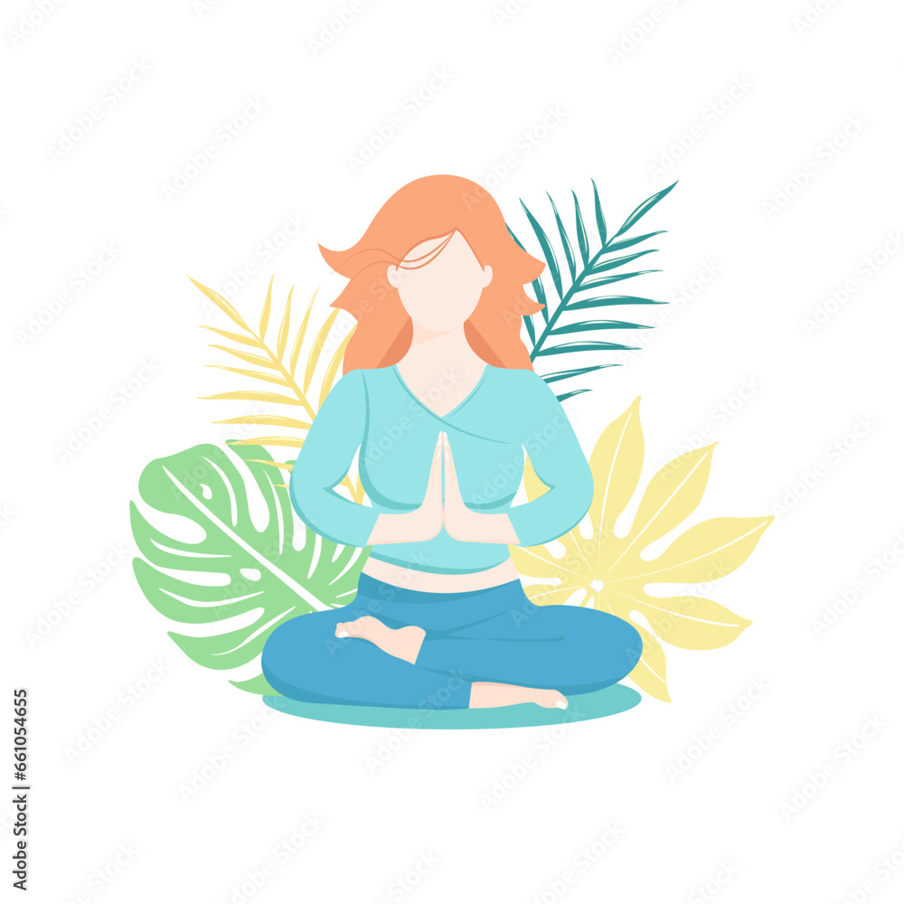 Illustration of woman who does yoga with tropical leaves on white background. Vector illustration in faceless technic. Card, banner, paper background.