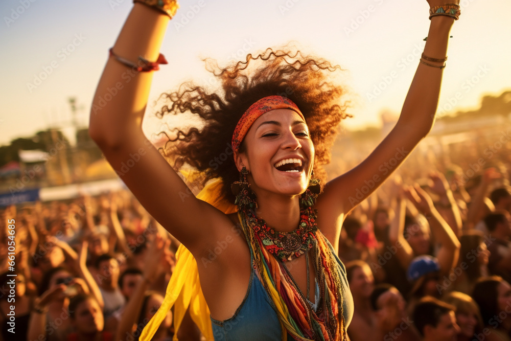 At a lively world music festival, a woman joyfully raises her arms, her armpit hair a part of her celebration of global cultures and the power of music to bring people together.  - obrazy, fototapety, plakaty 