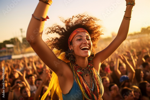 At a lively world music festival, a woman joyfully raises her arms, her armpit hair a part of her celebration of global cultures and the power of music to bring people together.  photo