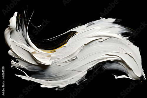 swirling texture of white paint with streaks of gold and black spreads dramatically against a dark background